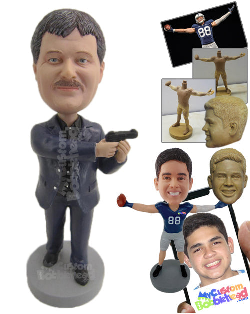 Secret Agent in Formal Suit Holding a Hand Gun Personalized Bobblehead