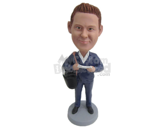 Mail Carrier Wearing Jacket with a Bag Over His Shoulder Personalized Bobblehead