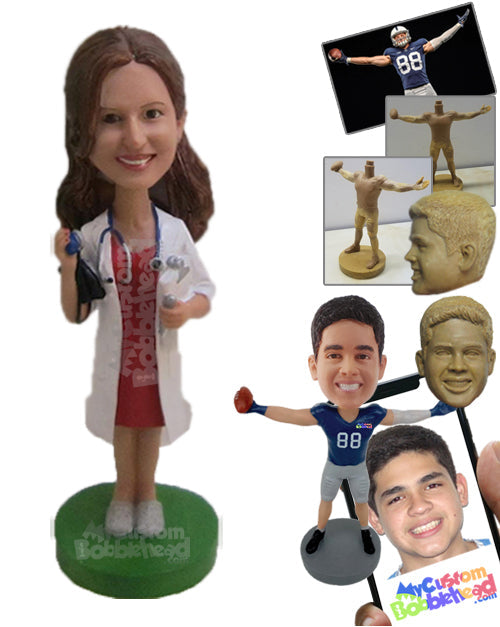 Female Doctor Wearing a Stylish Strapless Dress under Her Lab Coat Personalized Bobblehead