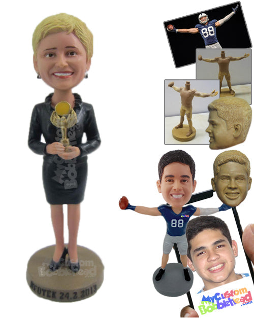 Corporate Woman Wearing Trendy Jacket and High Heels Receives an Award Personalized Bobblehead