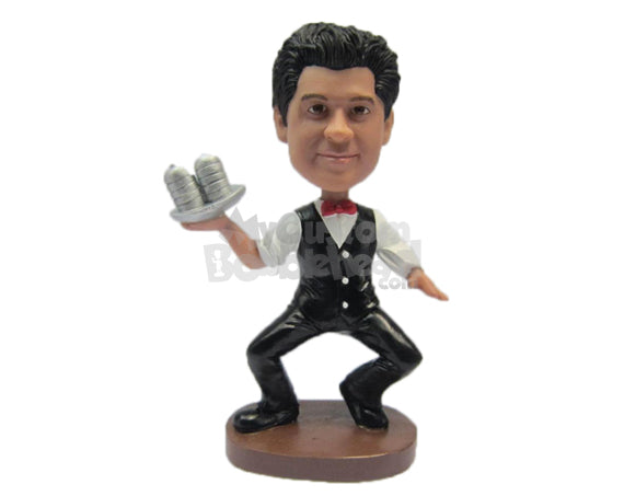 Custom Bobblehead Waiter In His Uniform Ready To Serve - Careers & Professionals Waiter Personalized Bobblehead & Cake Topper