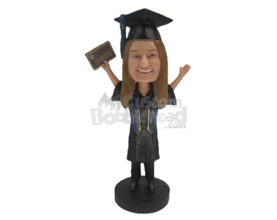 Custom Bobblehead Graduate Girl Wearing Elegant Short Gown Holding Certificate In Her Hand - Careers & Professionals Graduates Personalized Bobblehead & Cake Topper