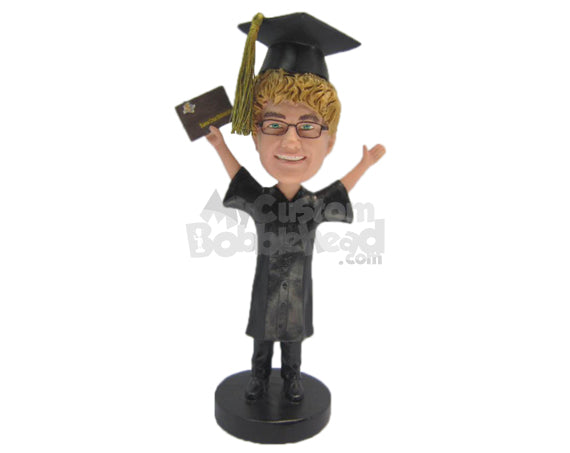 Custom Bobblehead Male Graduate With Both Hands In The Air - Careers & Professionals Graduates Personalized Bobblehead & Cake Topper