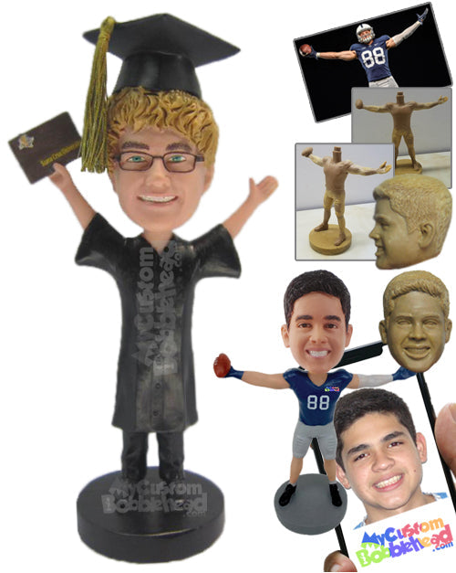 Male Graduate with Both Hands in the Air Personalized Bobblehead