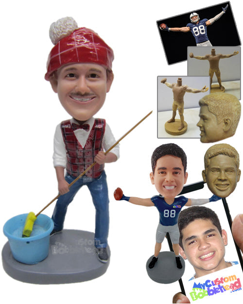 Male Cleaner wearing a Waist Coat and a Broom in his Hand Personalized Bobblehead