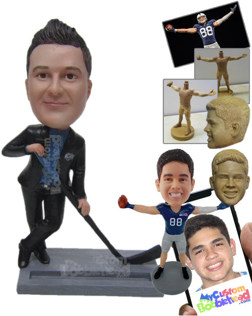 Cool Businessman Dude In Formal Outfit Posing With A Gold Wedge Personalized Bobblehead