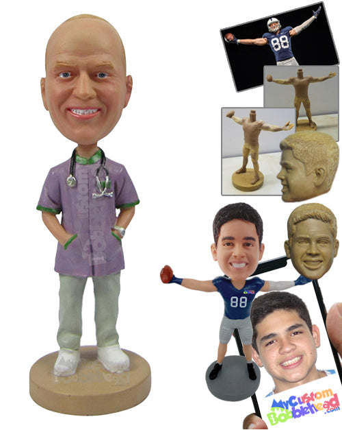 Cool Doctor In His Attire with Both Hands In His Medical Coat Personalized Bobblehead