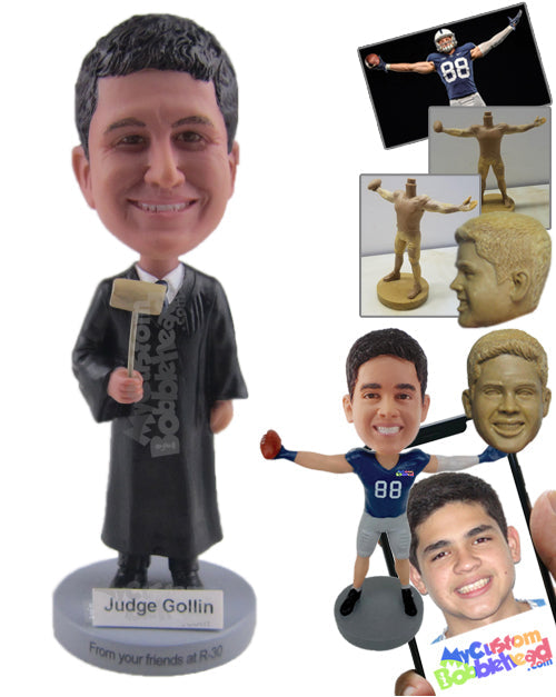 Male Court Judge wearing his Legal Attire Posing with Gavel in his Hand Personalized Bobblehead