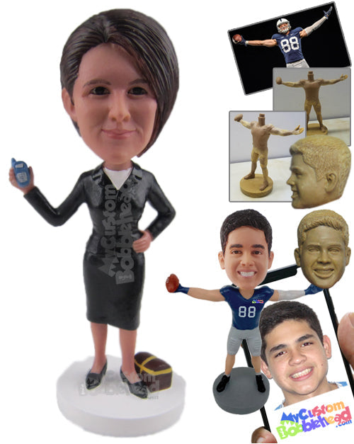 Corporate Lady Showing Her Phone Wearing a Stylish Suit and Short Skirt Personalized Bobblehead