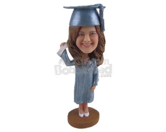 Custom Bobblehead Graduate Chick Wearing Stylish Gown And Heels With Certificate In Her Hand - Careers & Professionals Graduates Personalized Bobblehead & Cake Topper