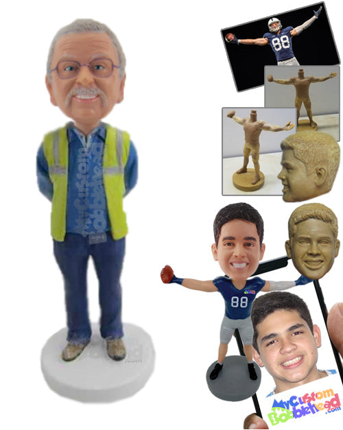 Construction Supervisor at the Construction Site in Vest and Jeans Personalized Bobblehead