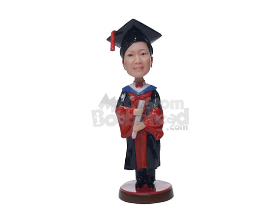 Custom Bobblehead Female Graduate Wearing Gorgeous Gown And Holding A Diploma - Careers & Professionals Graduates Personalized Bobblehead & Cake Topper