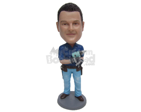 Handyman Wearing T-Shirt and Jeans Working with a Drill Machine Personalized Bobblehead