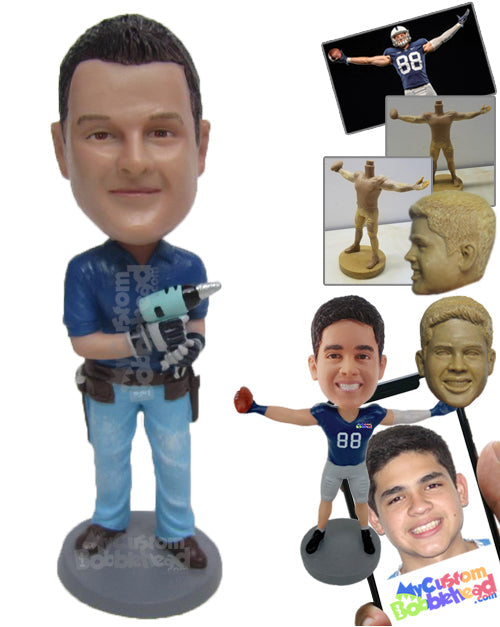 Handyman Wearing T-Shirt and Jeans Working with a Drill Machine Personalized Bobblehead