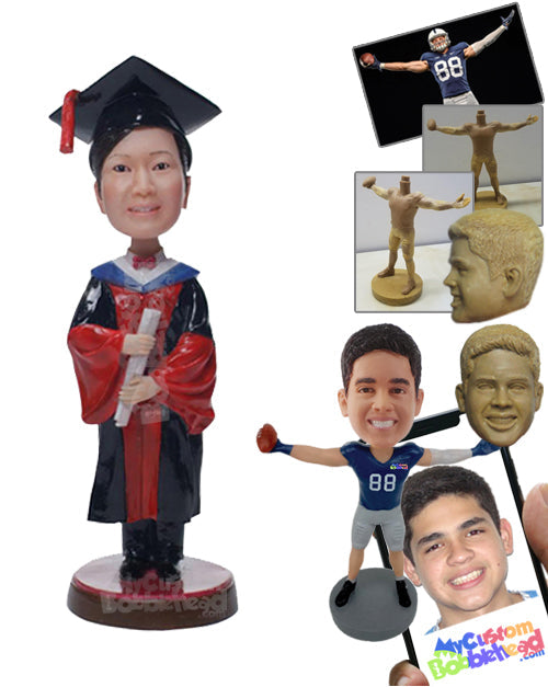 Graduate Girl in a Gown with Certificate in Her Hand Personalized Bobblehead