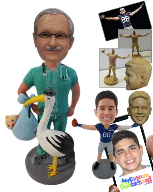 Gynecologist Doctor in Medical Attire and Stork Holding a Newborn Baby Personalized Bobblehead