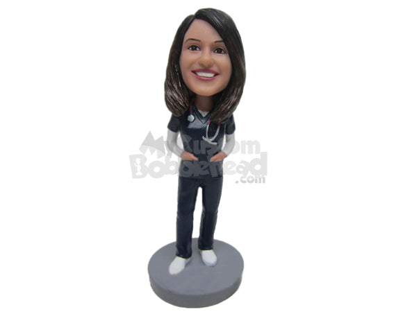 Custom Bobblehead Stylish Female Doctor Wearing A Coat And Jeans With Both Hands In Pocket - Careers & Professionals Medical Doctors Personalized Bobblehead & Cake Topper