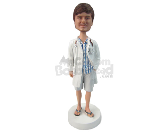 Custom Bobblehead Male Doctor Wearing A Lab Coat, Shorts And Sandals - Careers & Professionals Medical Doctors Personalized Bobblehead & Cake Topper