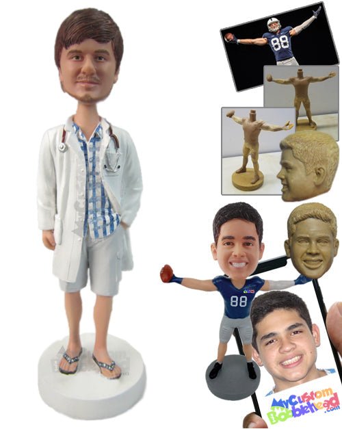 Male Doctor wearing a Lab Coat, Shorts, and Sandals Personalized Bobblehead