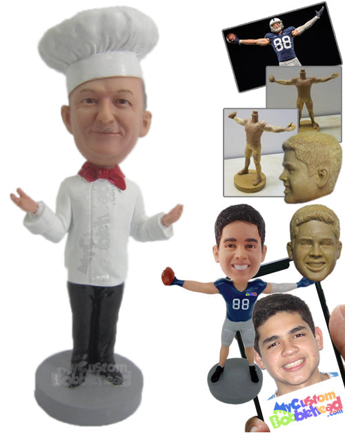 Chef Dude Wearing Bow Tie and Apron Welcoming All Personalized Bobblehead