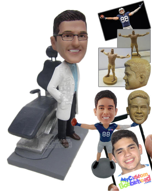 Dentist in Formal Medical Attire Standing Next to Dentist Reclining Chair Personalized Bobblehead