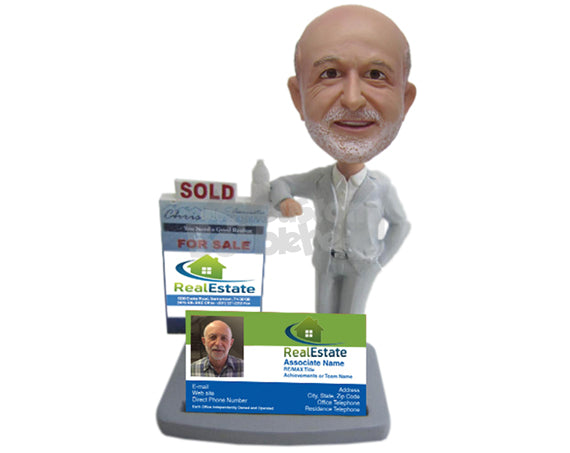 Male Real Estate Agent in Elegant Formal Outfit Showing His Business Card Personalized Bobblehead