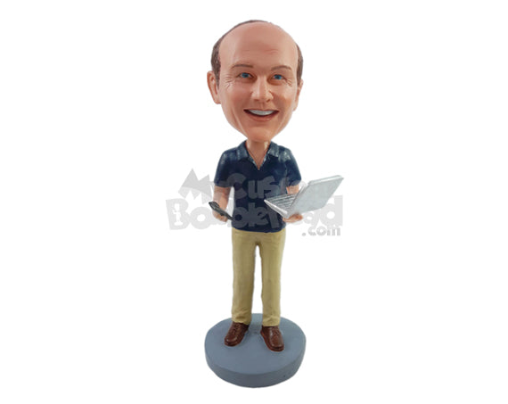 Computer Geek Holding A Laptop Personalized Bobblehead