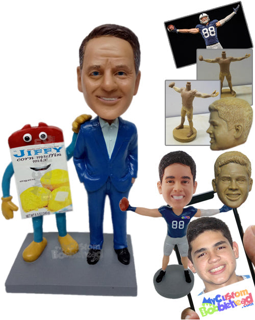 Stylish Businessman in His Formal Outfit Posing with Product Mascot Personalized Bobblehead