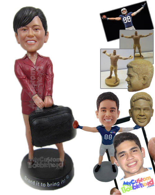 Corporate Girl in a Trendy Outfit Lifting a Heavy Bag Personalized Bobblehead