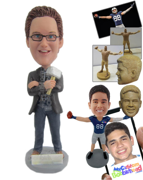 Male Reporter Wearing Suit and Jeans Ready for the Broadcast Personalized Bobblehead