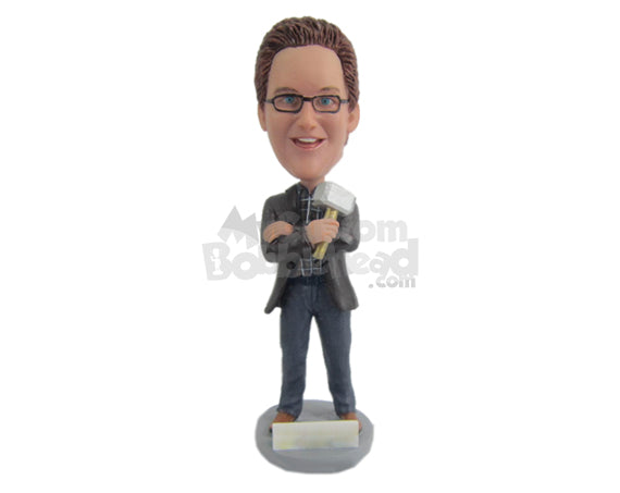 Male Reporter Wearing Suit and Jeans Ready for the Broadcast Personalized Bobblehead