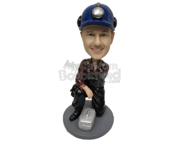 Custom Bobblehead Male Engineer Wearing A Suspender Has A Box Of Equipment With Him - Careers & Professionals Architects & Engineers Personalized Bobblehead & Cake Topper