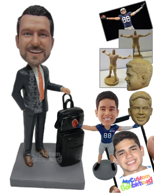 Businessman Ready to Board the Plane with 2 Carry-On Suitcases Personalized Bobblehead