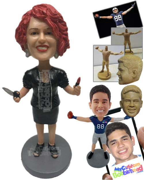 Lady Hairstylist Wearing a Jacket Over Her Strapless T-Shirt Personalized Bobblehead