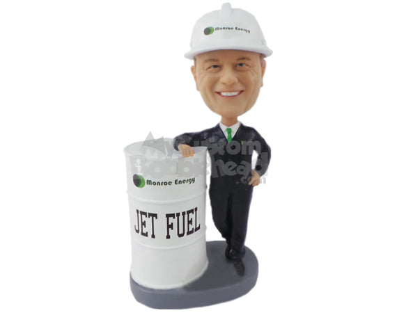 Custom Bobblehead Oil Executive Posing With A Large Fuel Barrel - Careers & Professionals Corporate & Executives Personalized Bobblehead & Cake Topper