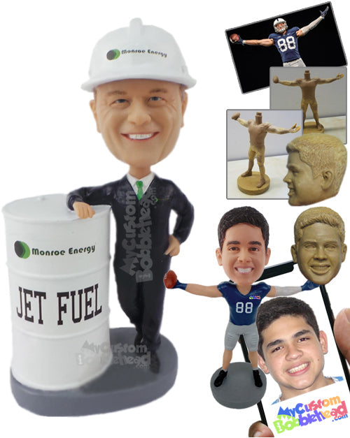 Oil Executive Posing with a Large Fuel Barrel Personalized Bobblehead