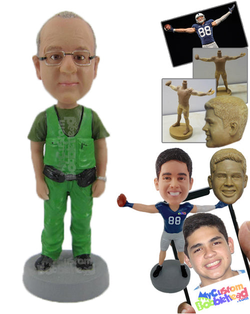 Handyman in Repairing Outfit with Carry-on Side Bags Personalized Bobblehead