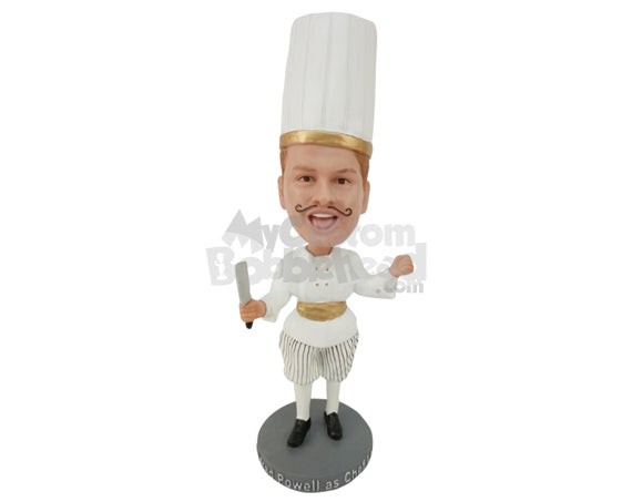 Custom Bobblehead Master Chef With His Long Hat And Uniform And Machete - Careers & Professionals Chefs Personalized Bobblehead & Cake Topper