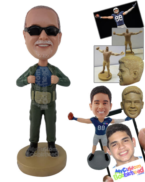 Soldier Revealing His Chest Ready to Fight Crime Personalized Bobblehead