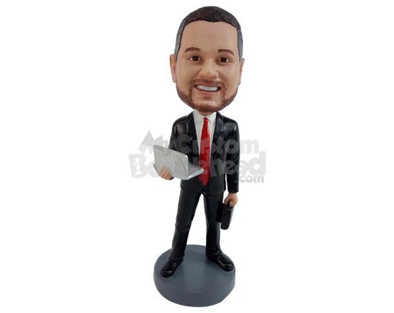 Custom Bobblehead Man Wearing Shirt While Holding A Laptop, Like A Stock Breaker - Careers & Professionals Corporate & Executives Personalized Bobblehead & Cake Topper