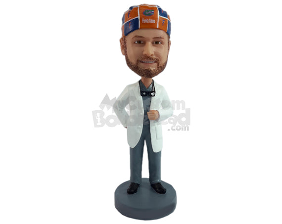 Cool Optometrist Wearing His Loop Glasses and a Lab Coat with Scrubs Underneath Personalized Bobblehead