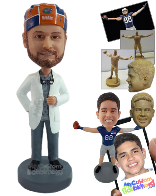 Cool Optometrist Wearing His Loop Glasses and a Lab Coat with Scrubs Underneath Personalized Bobblehead