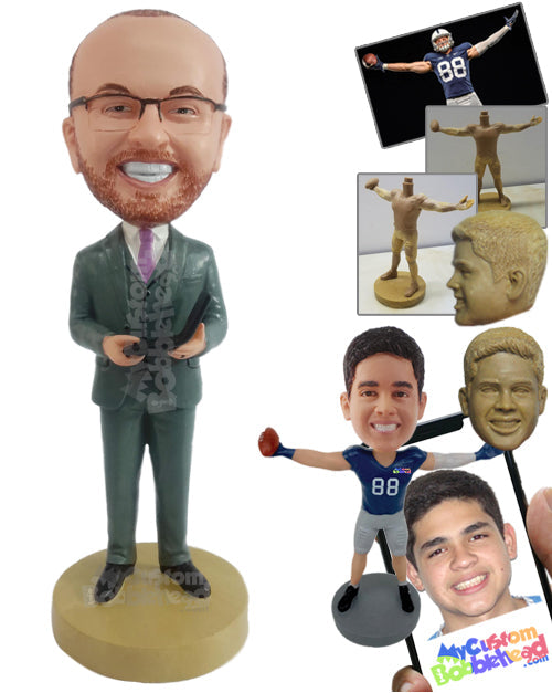 Businessman Wearing Nice Suit Holding a Book Agenda Personalized Bobblehead