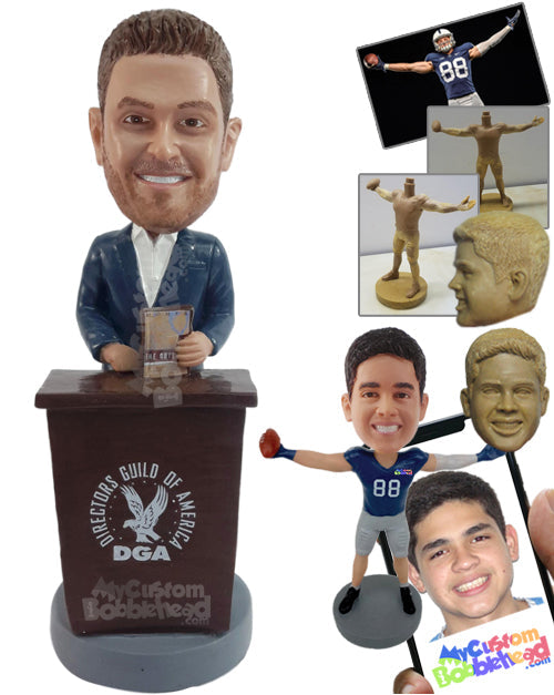 Lecturing professional giving a presentation on a stand, with a book at hand Personalized Bobblehead