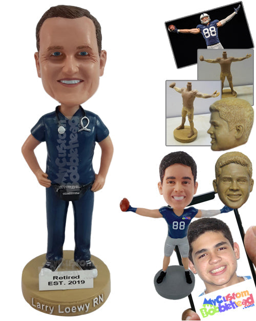 Nice looking doctor wearing a fanny pack with a stethoscope around the neck and both hands on hips Personalized Bobblehead