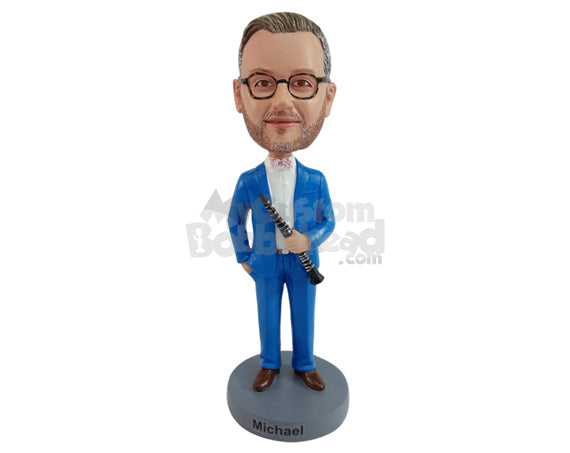 Custom Bobblehead Elegant musician ready to perform with his flute, wearing nice bowtie and suit - Careers & Professionals Musicians Personalized Bobblehead & Action Figure