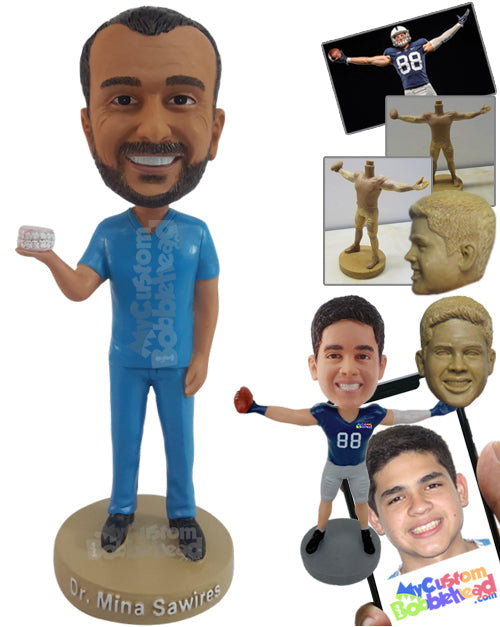 Fine Dentist Holding a Denture Prop on Hand Personalized Bobblehead