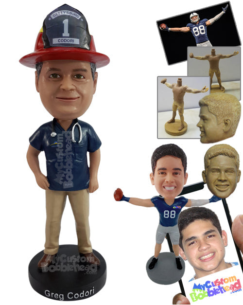 Professional firefighter physician with a stethoscope around the neck Personalized Bobblehead