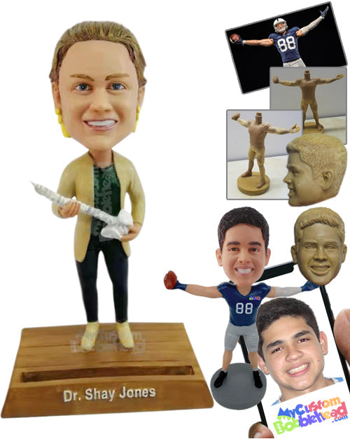 Good-looking Chiropractor Doctor Holding a Spinal Bone with Card Holder on the Base Personalized Bobblehead