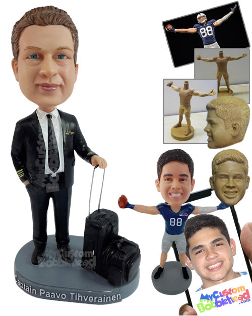 Airplane Captain Ready to Board the Plane with His Luggage at Hand Personalized Bobblehead